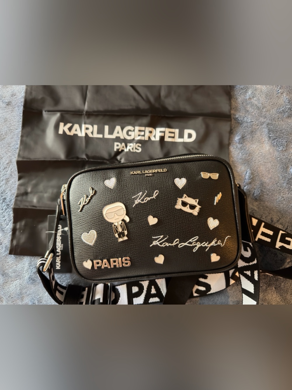 Karl Lagerfeld Black Crossbody Camera Bag with Silver Accents